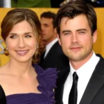 A collage featuring Lora Chaffins, Matt Long's wife, on a red carpet in a purple gown and a casual personal photo of the couple.