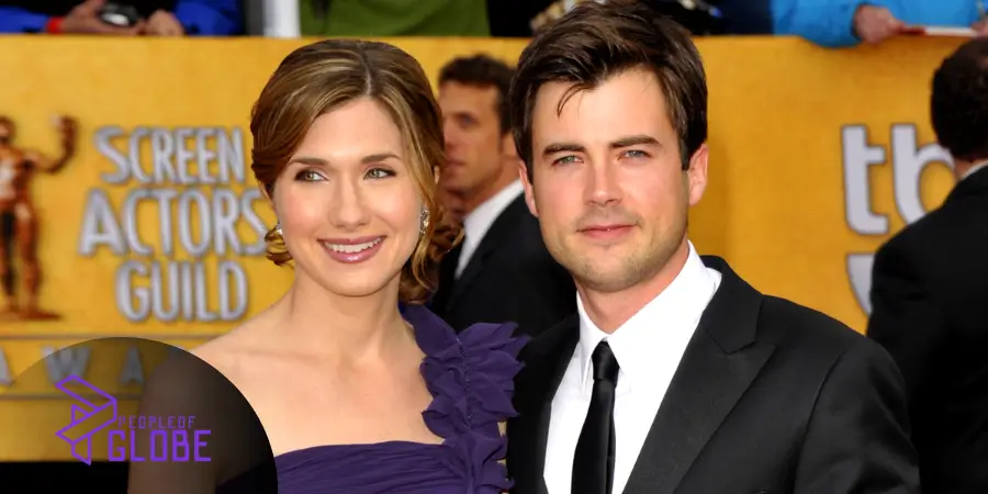 A collage featuring Lora Chaffins, Matt Long's wife, on a red carpet in a purple gown and a casual personal photo of the couple.