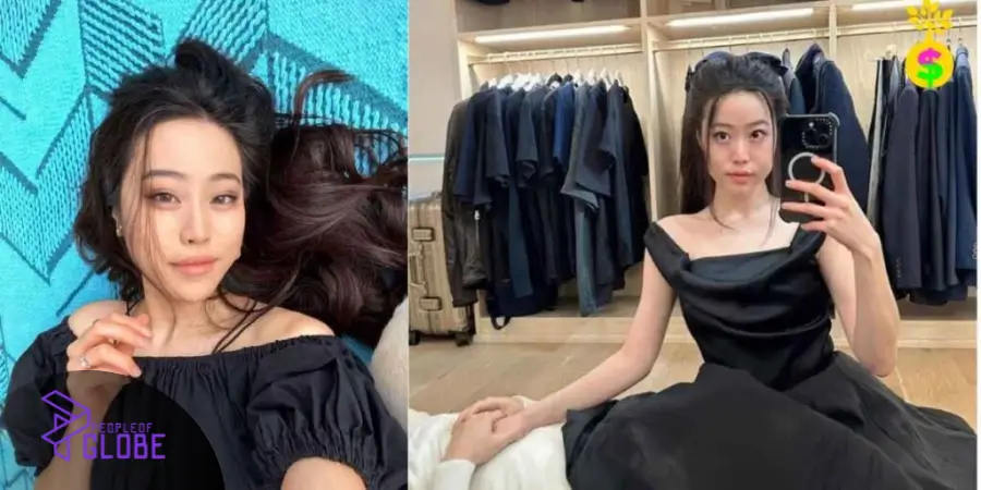 Stephanie Soo posing in a casual off-the-shoulder top and a formal black dress in a high-end closet setting.