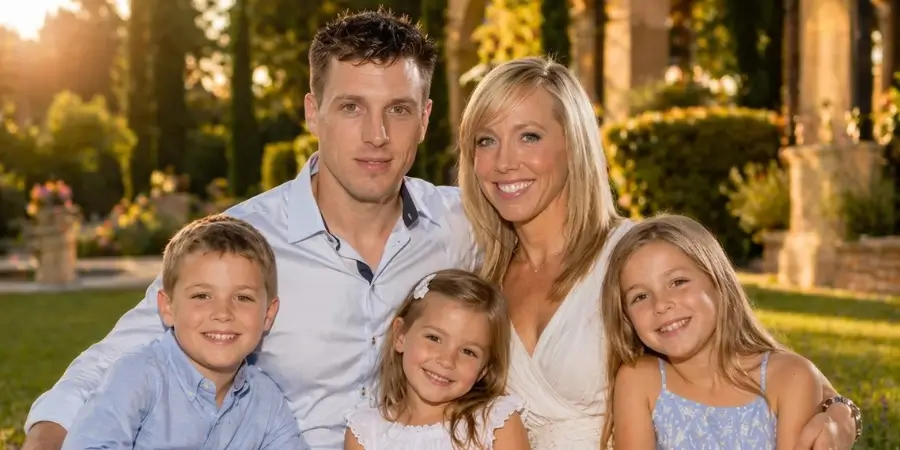 An informational family photo of Denika Kisty and Jason Williams with their three children, Jaxon, Mia, and Nina, highlighting their athletic family background.