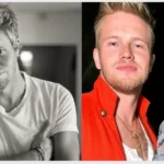 Musician Peter Paul Loughran in a black and white portrait alongside a color photo of his ex-wife, actress Lena Headey.