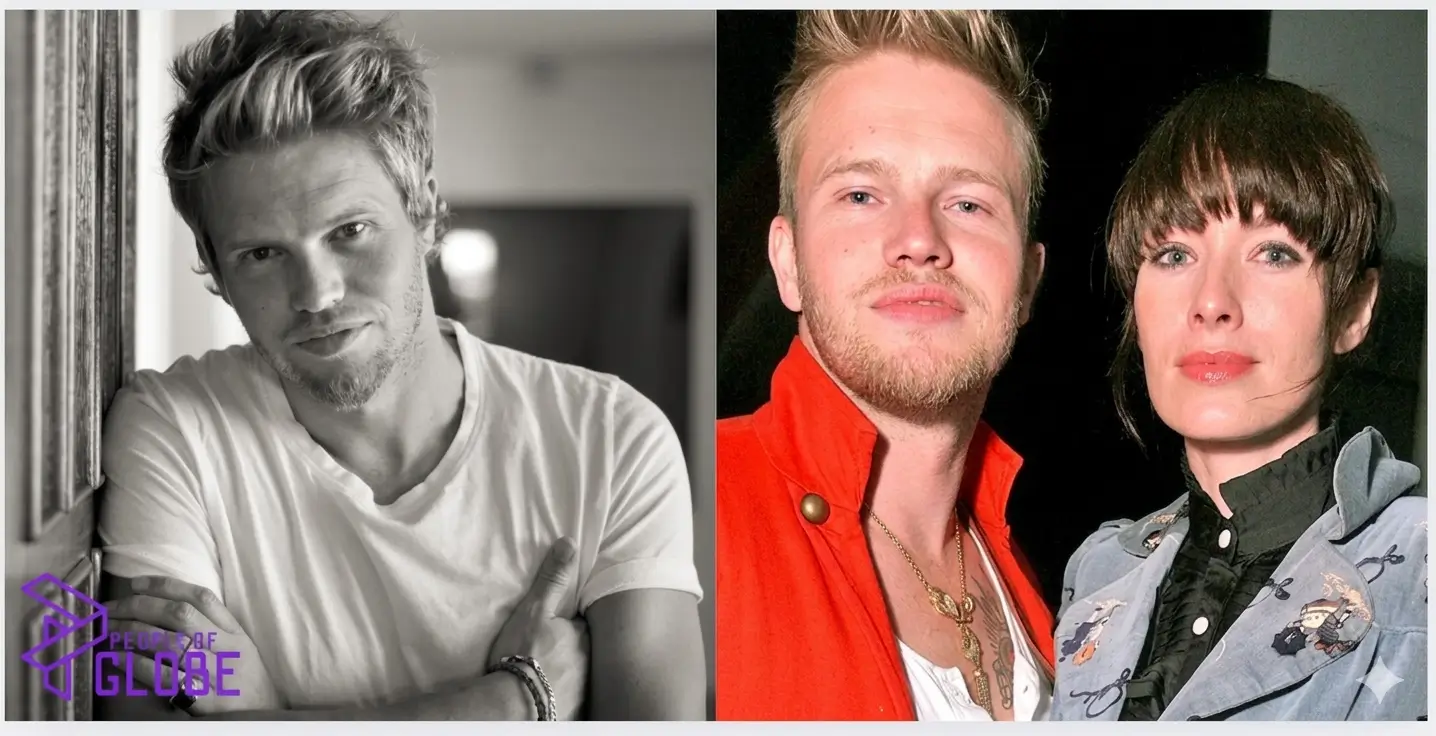 Musician Peter Paul Loughran in a black and white portrait alongside a color photo of his ex-wife, actress Lena Headey.