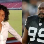 Side-by-side portrait split showing Jamiko Vaughn smiling at a football stadium on the left, and her ex-husband, NFL defensive tackle Warren Sapp, in his jersey on the right.