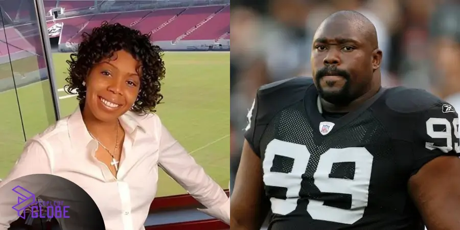 Side-by-side portrait split showing Jamiko Vaughn smiling at a football stadium on the left, and her ex-husband, NFL defensive tackle Warren Sapp, in his jersey on the right.