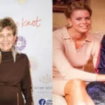 A split photo featuring a contemporary portrait of an older woman at a red carpet event on the left, and a retro archival photo of a younger blonde woman sitting beside Hollywood actor Glenn Ford on the right.