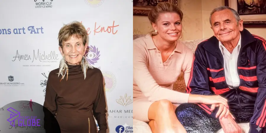 A split photo featuring a contemporary portrait of an older woman at a red carpet event on the left, and a retro archival photo of a younger blonde woman sitting beside Hollywood actor Glenn Ford on the right.