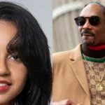 An informational split-screen graphic displaying a portrait of Laurie Holmond on the left, and hip-hop icon Snoop Dogg with his wife, Shante Broadus, on the right.