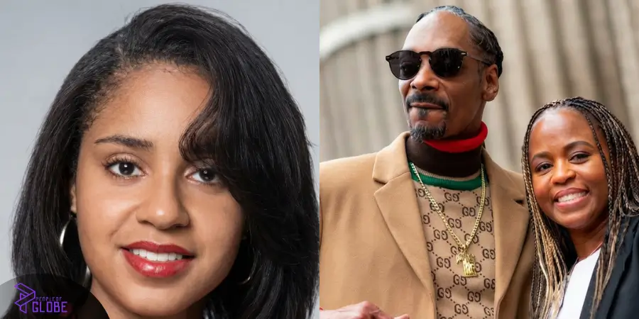 An informational split-screen graphic displaying a portrait of Laurie Holmond on the left, and hip-hop icon Snoop Dogg with his wife, Shante Broadus, on the right.