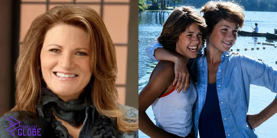 A split photo featuring a portrait of Martie Allen with long light-brown hair on the left, and a retro archival image of a young, smiling Kristy McNichol with an arm around a friend near a lake on the right.