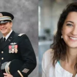 A split photo displaying an archival wedding portrait of a man in a US military dress uniform alongside his bride on the left, and a close-up portrait of a dark-haired smiling woman on the right.