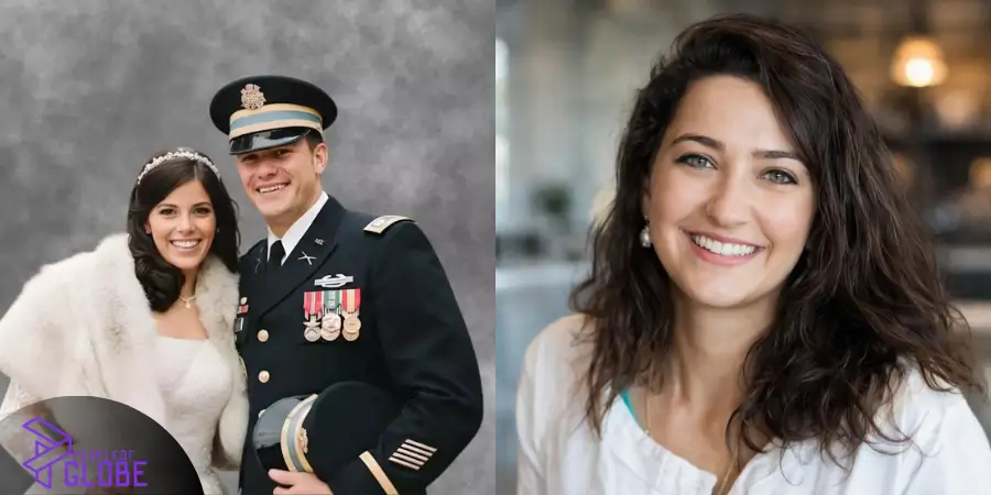 A split photo displaying an archival wedding portrait of a man in a US military dress uniform alongside his bride on the left, and a close-up portrait of a dark-haired smiling woman on the right.