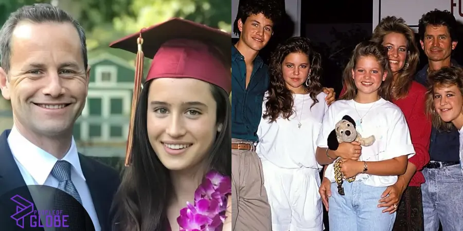 A split-screen informational graphic showing a portrait of Olivia Rose Cameron on the left, alongside an archive photo of her parents, Kirk Cameron and Chelsea Noble, on the right.