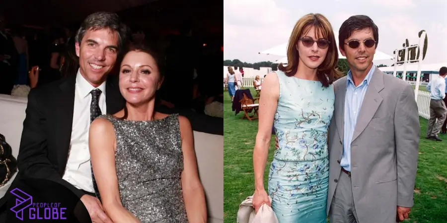 An informational split-screen graphic showing two photos of Marshall Coben and his wife, actress Jane Leeves, attending public industry events together.