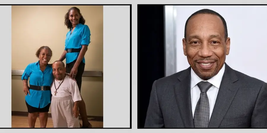 An informational split-screen image displaying actor Tony Cox with his family on the left panel, and a professional studio portrait of sports media personality Stephen A. Smith on the right.