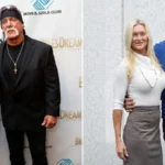 An informational split-screen graphic displaying two public red-carpet appearances of professional wrestling legend Hulk Hogan standing beside his former second wife, Jennifer McDaniel.