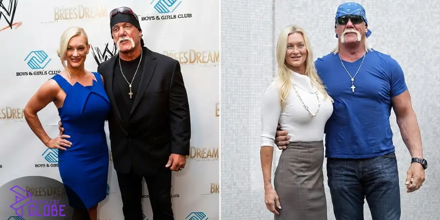 An informational split-screen graphic displaying two public red-carpet appearances of professional wrestling legend Hulk Hogan standing beside his former second wife, Jennifer McDaniel.