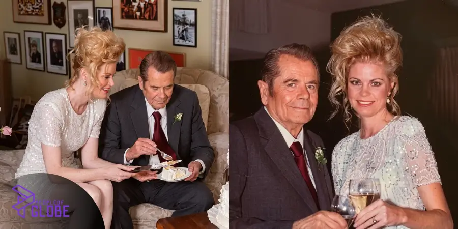 A split image showing archival wedding photos of Glenn Ford in a grey suit and dark red tie alongside his bride Jeanne Baus, including a slice-of-cake cutting moment on the left.