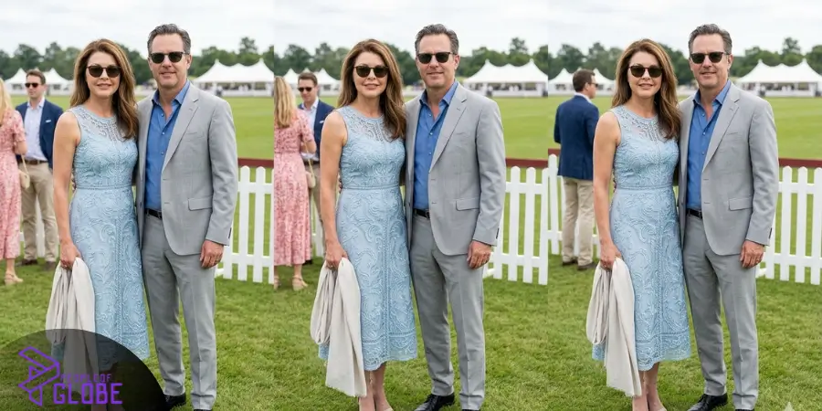 An informational triptych photo showing Jane Leeves standing alongside her husband, television executive Marshall Coben, at an elegant outdoor lawn event.